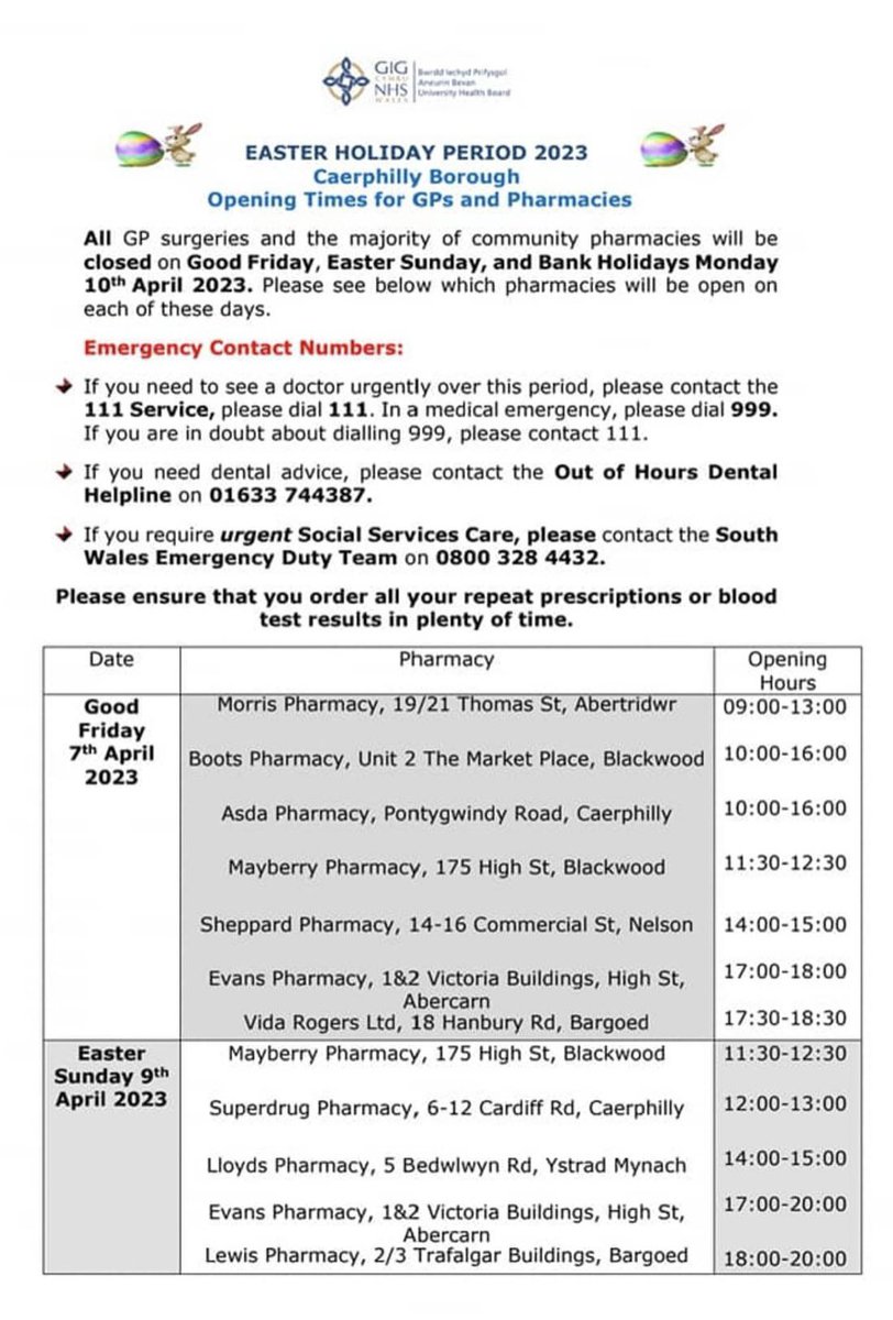 NelsonSurgery's tweet photo. Surgery will be closed on Friday 7th April (Good Friday) and Monday 10th April (Easter Monday) for the Easter bank holidays. Please find below a list of pharmacies open over the bank holiday weekend. Please make sure you have enough medication to cover you 🐣💊 https://t.co/oz2jkPZeTL