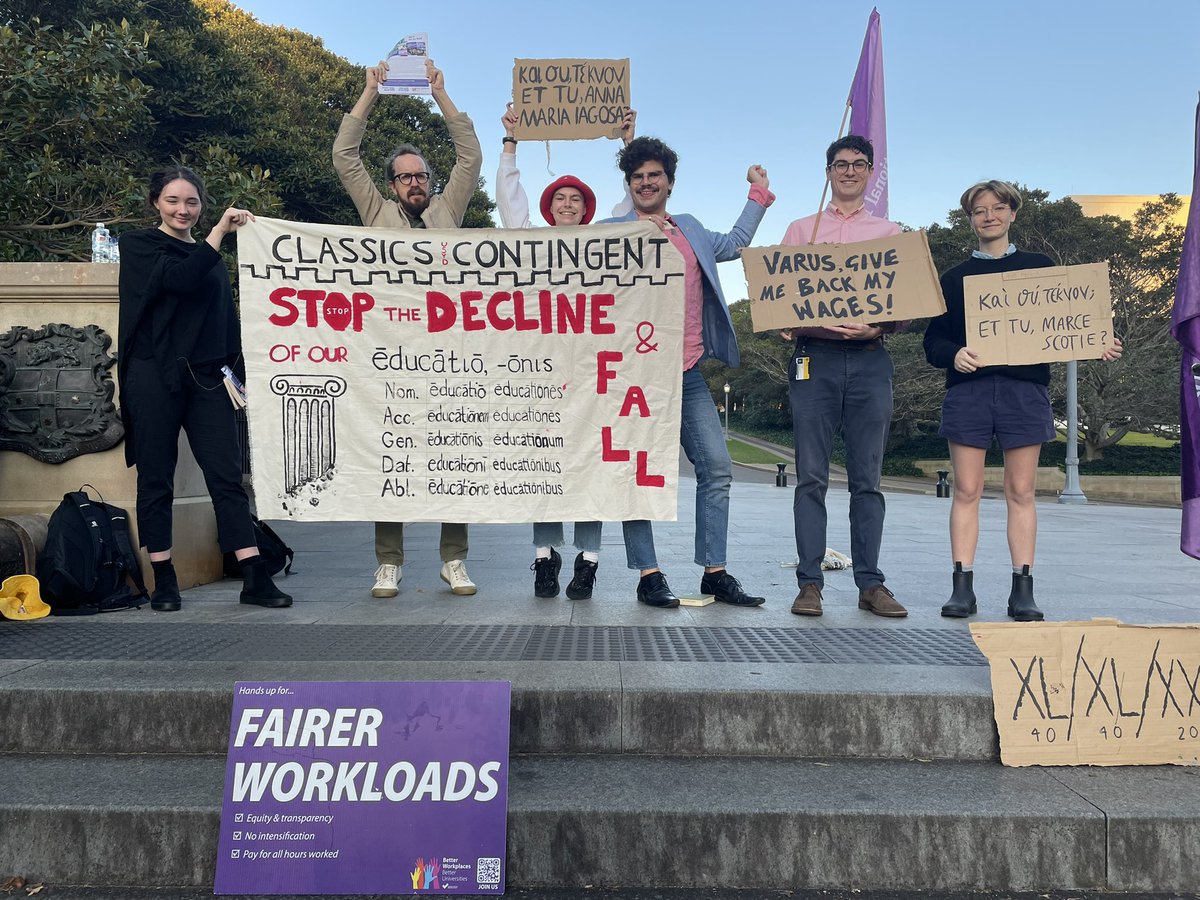 Vic Park picket line getting set up on the 8th day of the #usydstrike. Excellent work from the Classics contingent on their banner. @NTEUNSW