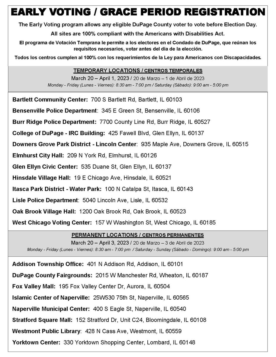 Early Voting is open throughout DuPage! 
See below for a list of locations, and visit our website for all election info: dupagecounty.gov/election