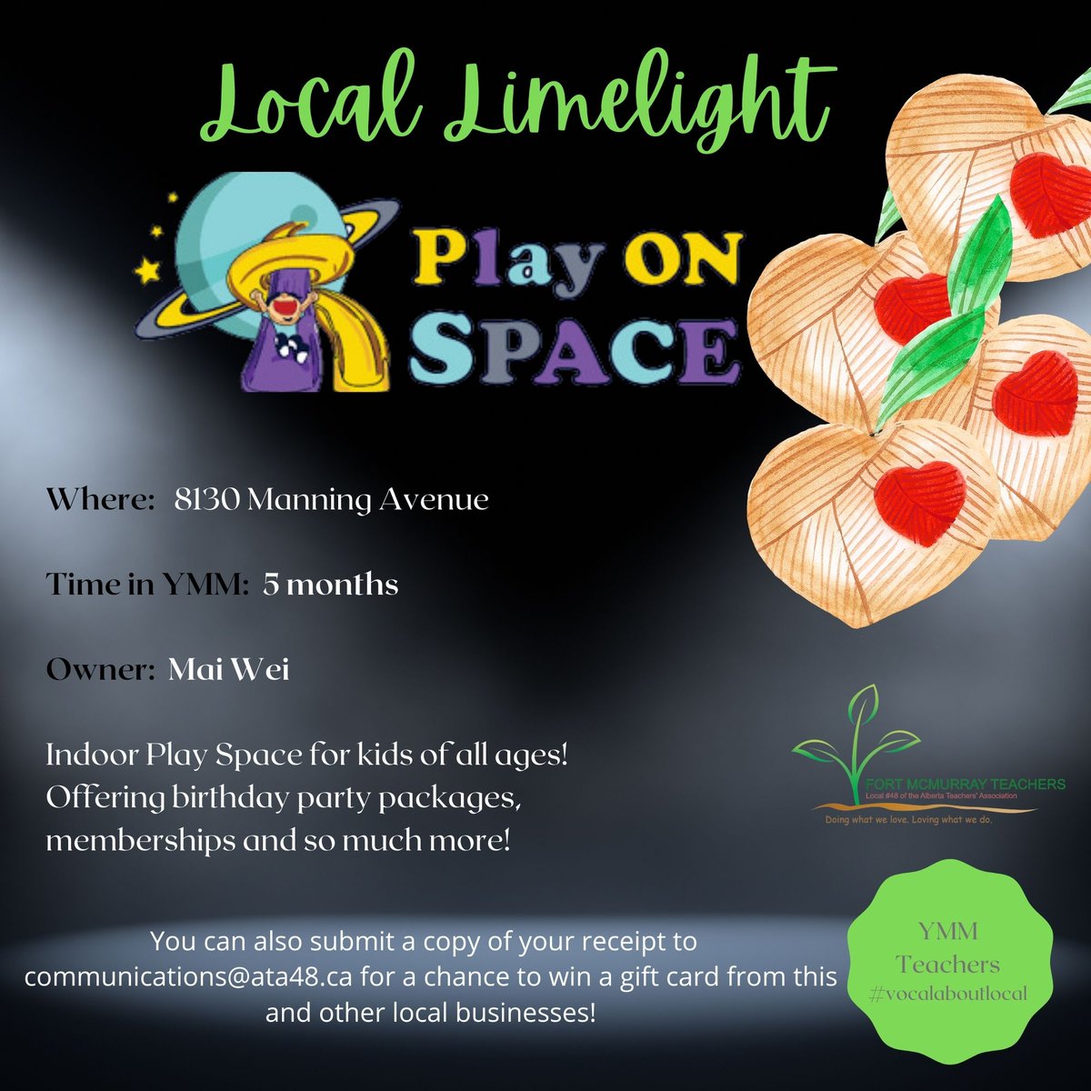 ATA Local 48 (@atalocal48) on Twitter photo It's time for another fantastic Local Limelight business! This week we are featuring Play On Space - a fantastic indoor playground and great place to help our kids spend some of that energy! Visit them today!
<a href="/ymmchamber/">Fort McMurray Chamber of Commerce</a> It's time for another fantastic Local Limelight business! This week we are featuring Play On Space - a fantastic indoor playground and great place to help our kids spend some of that energy! Visit them today!
<a href="/ymmchamber/">Fort McMurray Chamber of Commerce</a>