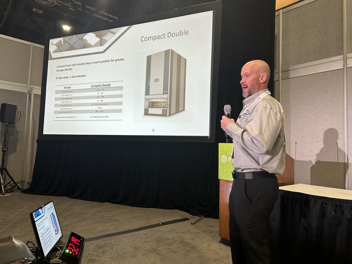 Dustin Walker, White Systems Sales Manager, gave a talk on methods for optimizing and applying vertical lift module (VLM) technologies at ProMat 2023! He covered a lot of details including how to choose a VLM and available types. #VLM #verticalstorage #automatedstoragesystems