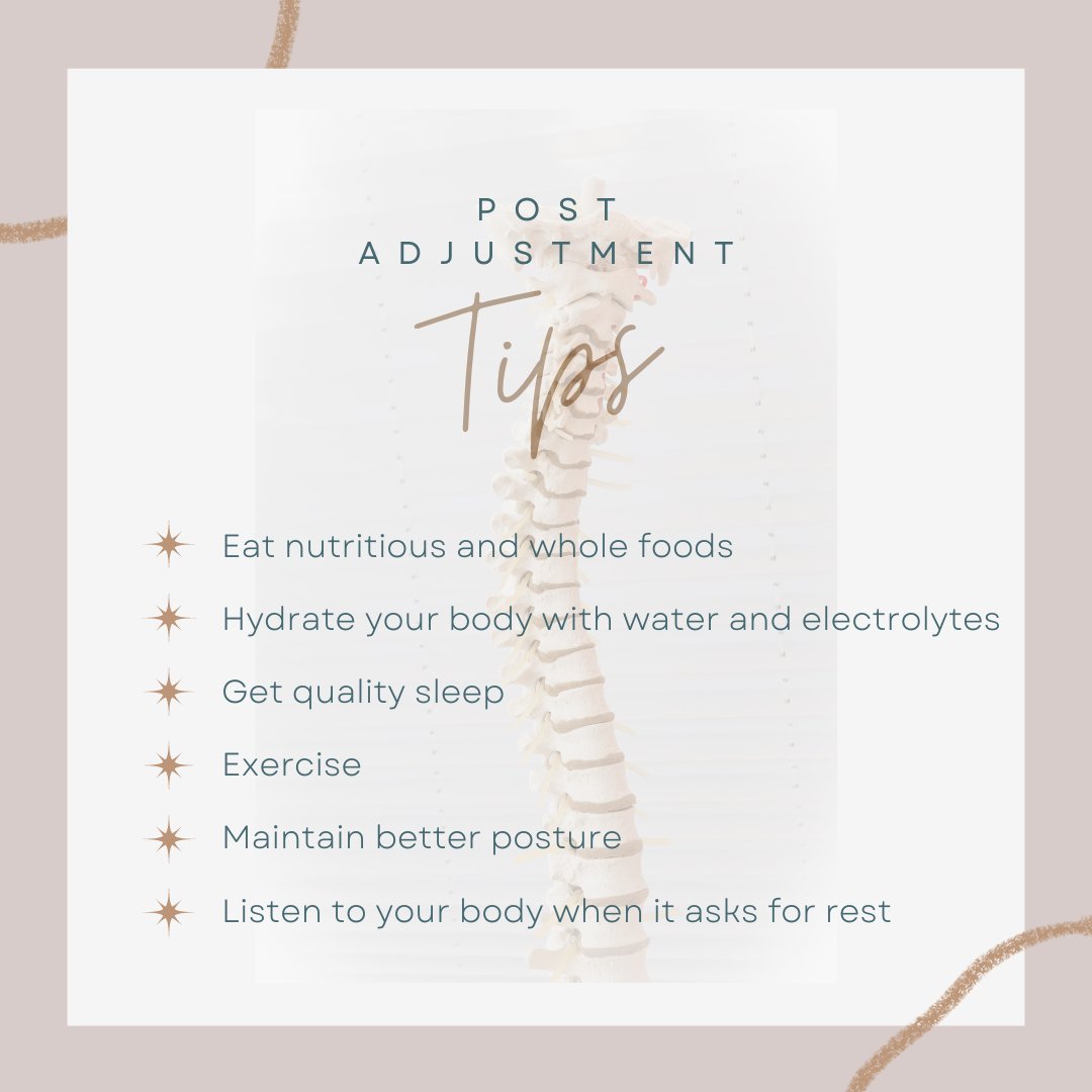 Help your body regenerate faster and function at its best by following these post-adjustment tips. 👌🏼

#HealthyLifestyle #BetterLife #BetterFunction #GetAdjusted #ChiropracticCare #ChiroCare #ChiropracticWorks
