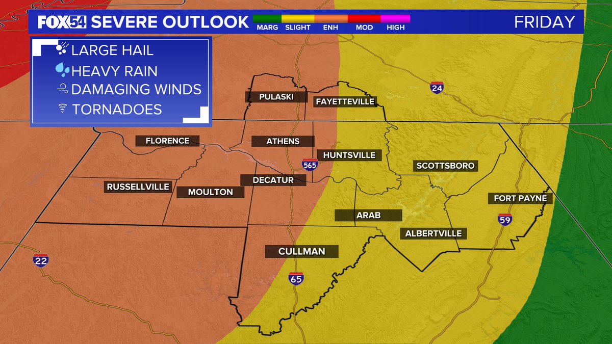 JDressmanWX's tweet photo. Severe Weather is possible everywhere Friday night, but the highest threat is west of I-65. Our biggest concern will be a tornado and damaging wind threat.
#ALWX #TNWX #SpringCold #FOX54 #FOX54WX #TennesseeValley https://t.co/4oNz2QPzP3