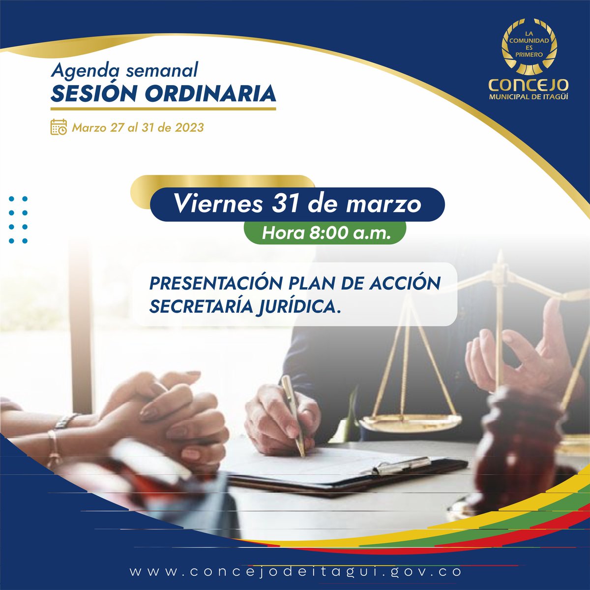 👉🏽 Mañana viernes  31 de marzo, tendremos la presentación del plan de acción de la Secretaría Jurídica. 

📍Los esperamos en nuestro live de
🎥 Facebook: facebook.com/ConcejoDeItagu…
🎥 YouTube: youtube.com/@ConcejoDeItag…