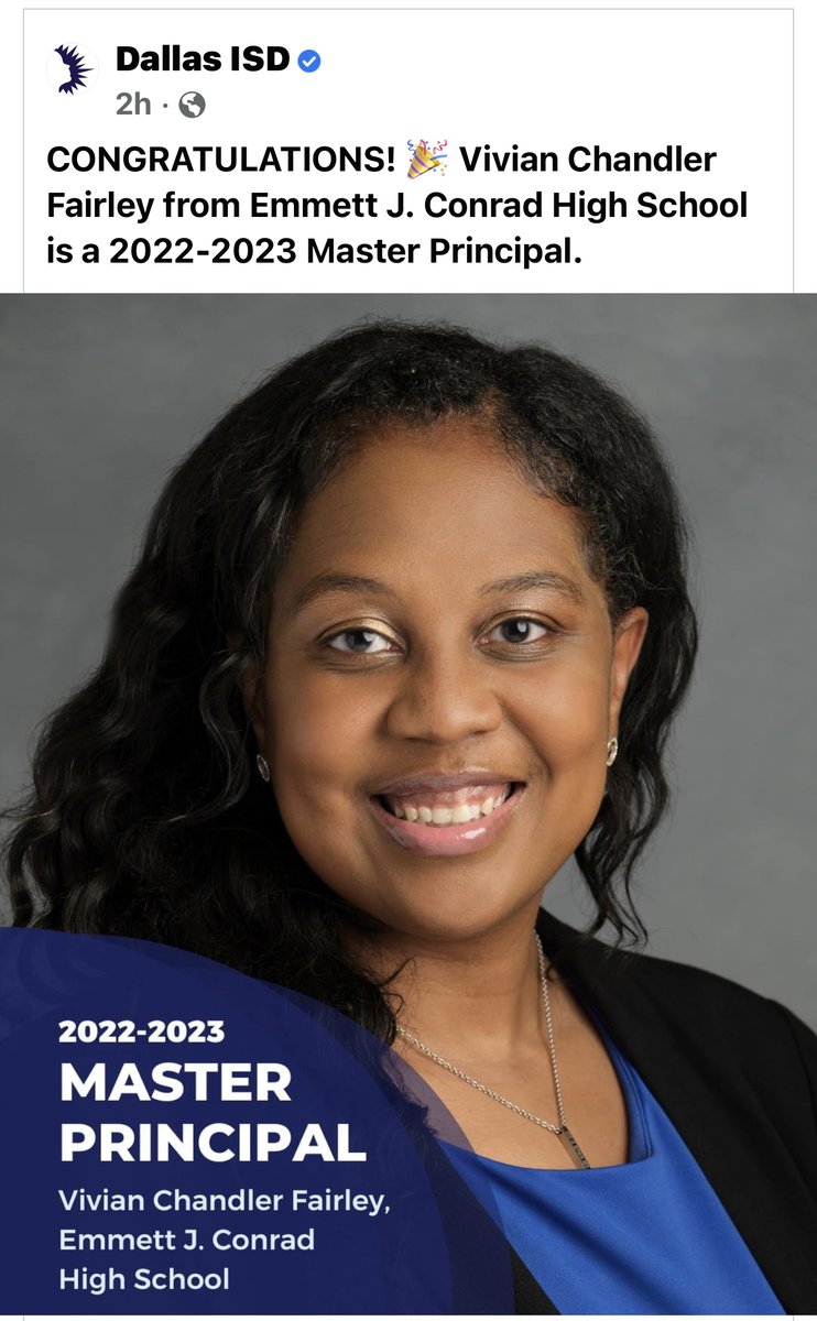 EIFConrad's tweet photo. Woohoo Huge Congratulations to the best Principal in @dallasschools  @VivFairley on her 2022/2023 #Master Principal Title!! We're proud of you Ms. Chandler #EIF #ConradChargers #PrincipalsAdvocate https://t.co/KuoU5uMojP