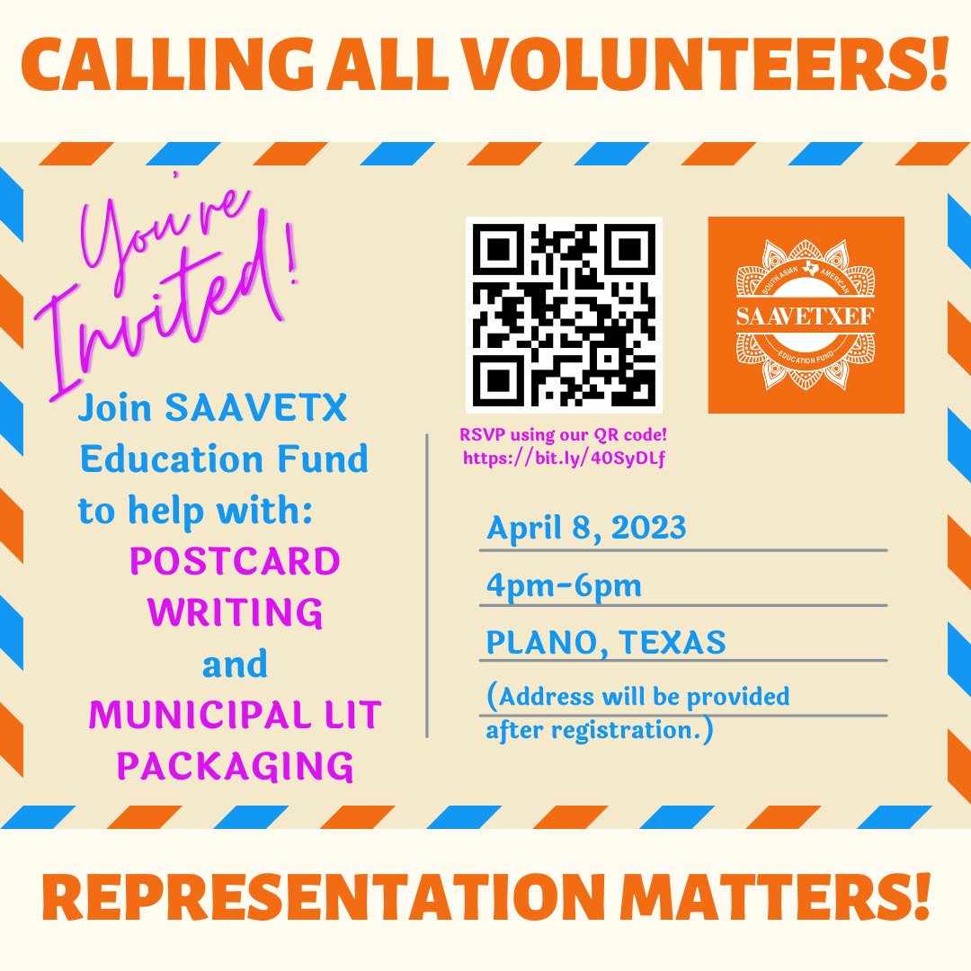 SaavetxEF's tweet photo. RSVP to our #GOTV Postcard Party in Plano!

#MunicipalElections (where mayors, city council members, and school board members are elected) are just around the corner! We need to ensure that our community shows up and votes because #REPRESENTATIONMATTERS!

#southasians #texas https://t.co/W64oBLKgcL