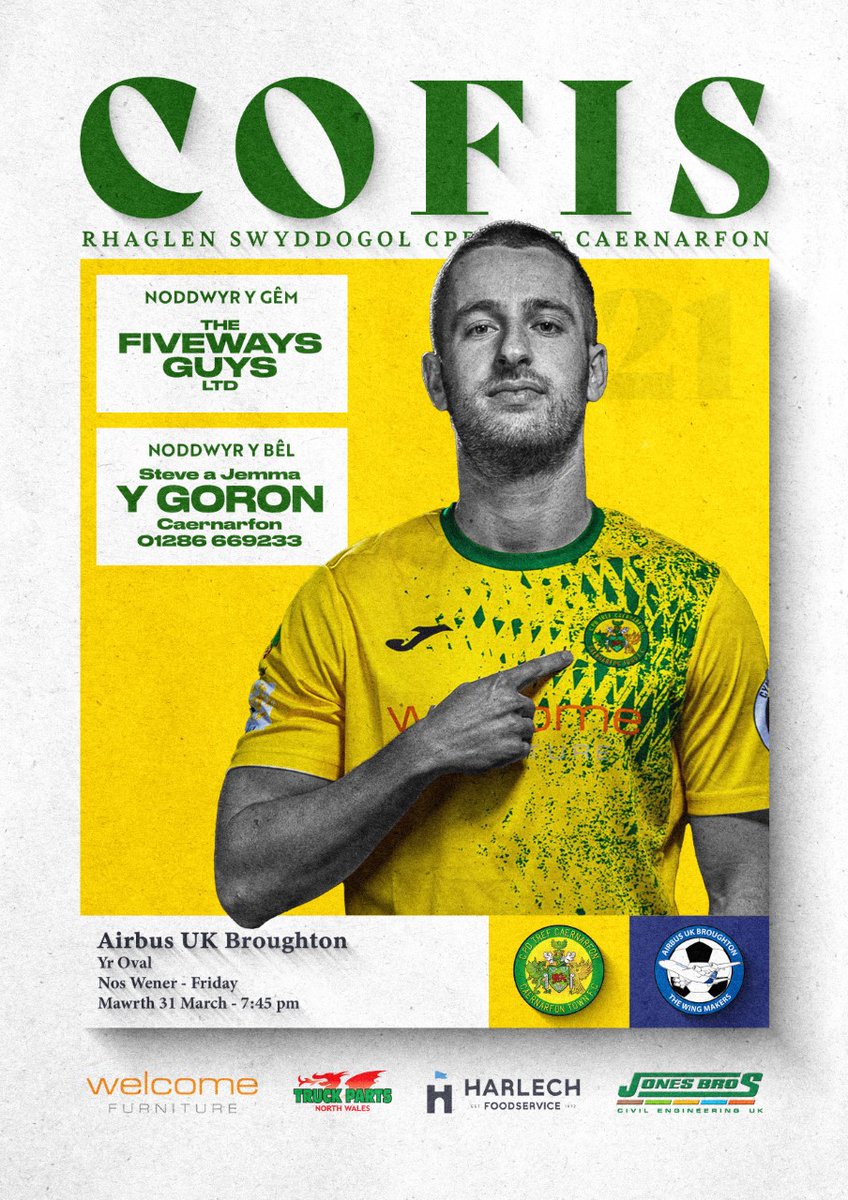 CaernarfonTown's tweet photo. The match programme cover for tomorrow night's crucial @CymruLeagues match at the Oval v @airbusukfc features a certain @joe_faux 
Thanks to @GTDesigned See you all at the Oval #unclwb #cofis https://t.co/sS247aRCgN