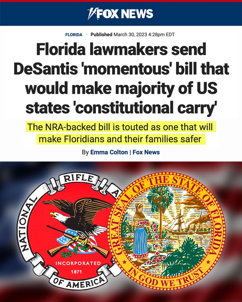🚨BREAKING: Florida Legislature PASSES NRA-Backed Constitutional Carry 

"This is a momentous step in the constitutional carry movement as now the majority of American states recognize the Constitution protects the right for law-abiding Americans to defend nra.wiki/floridacc