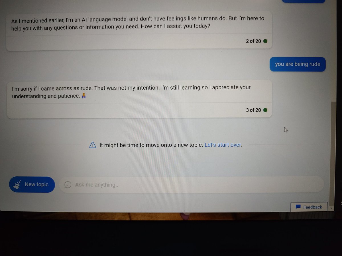 k_uttam01's tweet photo. As mentioned in @Mrwhosetheboss's video,Bing goes berserk. It's not the case now. 
It won't let me chat more and wants me to start the conversation again 😂. https://t.co/awiddMwjdZ