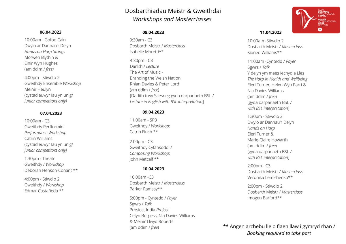 Dosbarthiadau Meistr &amp; Gweithdai
Masterclasses &amp; Workshops

🖊 walesharpfestival.co.uk/events/