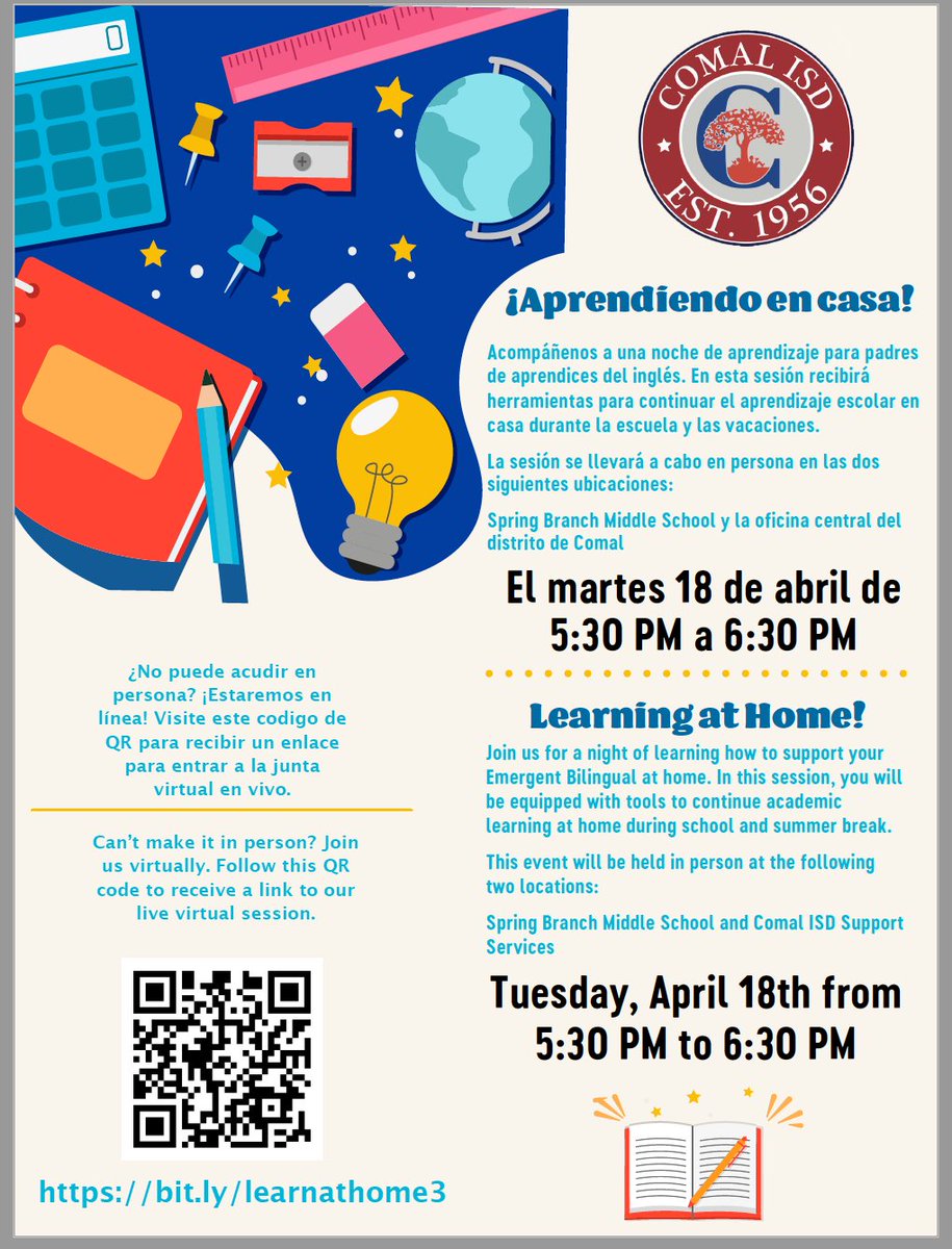 Aurelia Herrera (@_aureliaherrera) on Twitter photo Attention all English Learner Families, 
Join us for a night of learning on Tuesday, April 18th. 
Atención familias de aprendices del idioma inglés, 
Acompáñenos a una noche de aprendizaje el martes 18 de abril. Attention all English Learner Families, 
Join us for a night of learning on Tuesday, April 18th. 
Atención familias de aprendices del idioma inglés, 
Acompáñenos a una noche de aprendizaje el martes 18 de abril.
