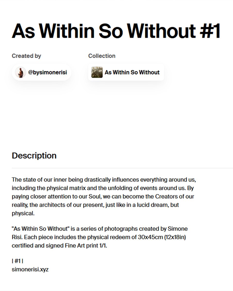 bysimonerisi's tweet photo. GN frens, I'm excited to unveil my first #NFT drop "As Within So Without #1" on @foundation ✨

This artwork marks the beginning of the "As Within So Without" series. Each piece includes the physical redeem of 30x45cm (12x18in) certified and signed Fine Art print 1/1.

You can also find my artwork in the metaverse of @punk6529 @OM100m 🚀🧙‍♂️ :
https://t.co/JiKgDOdX4n

Thank you so much to @wildalps and @joynxyz  for the amazing community you're creating!

Let the auction begin!
#NFTCommmunity