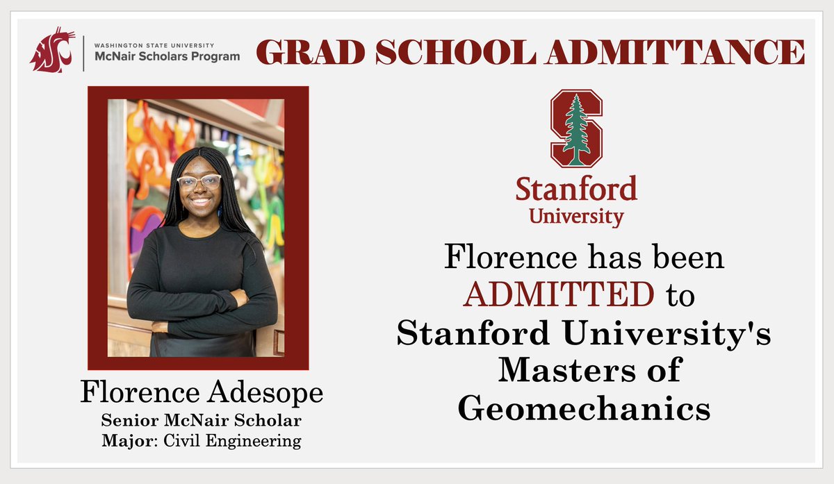 Congratulations to our McNair Senior Scholar Florence Adesope on being admitted to six more graduate programs! We are thrilled to see her impressive academic accomplishments. Florence's dedication and hard work have paid off, and we wish her all the best.
#WSU #McNair #GoCougs