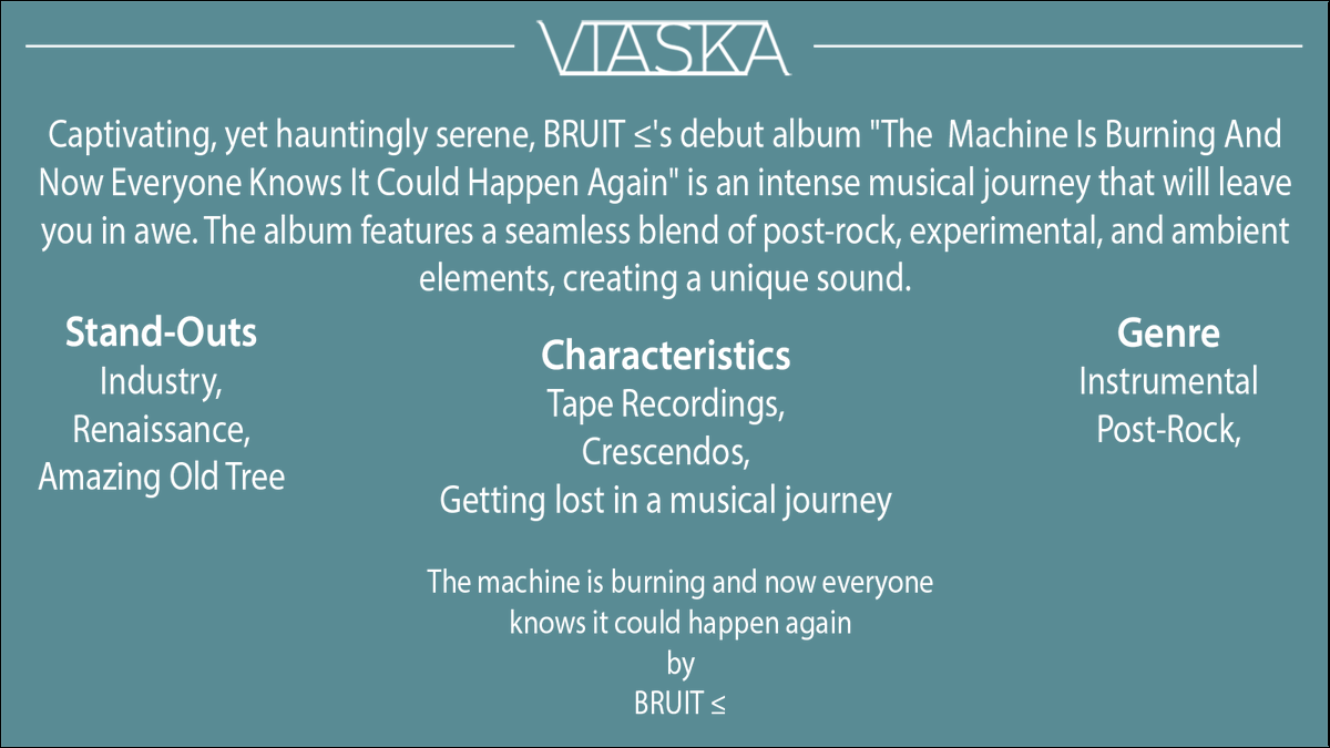 V1aska's tweet photo. Week 3: This week's pick is the powerful "The Machine Is Burning And Now Everyone Knows It Could Happen Again" by BRUIT ≤.

Watch this space tuned for more album recommendations and a personal haunting nightmare.

https://t.co/AZQfBWuQkv

#MusicReccomendation #NewArtist https://t.co/7Vl8EylI9Y