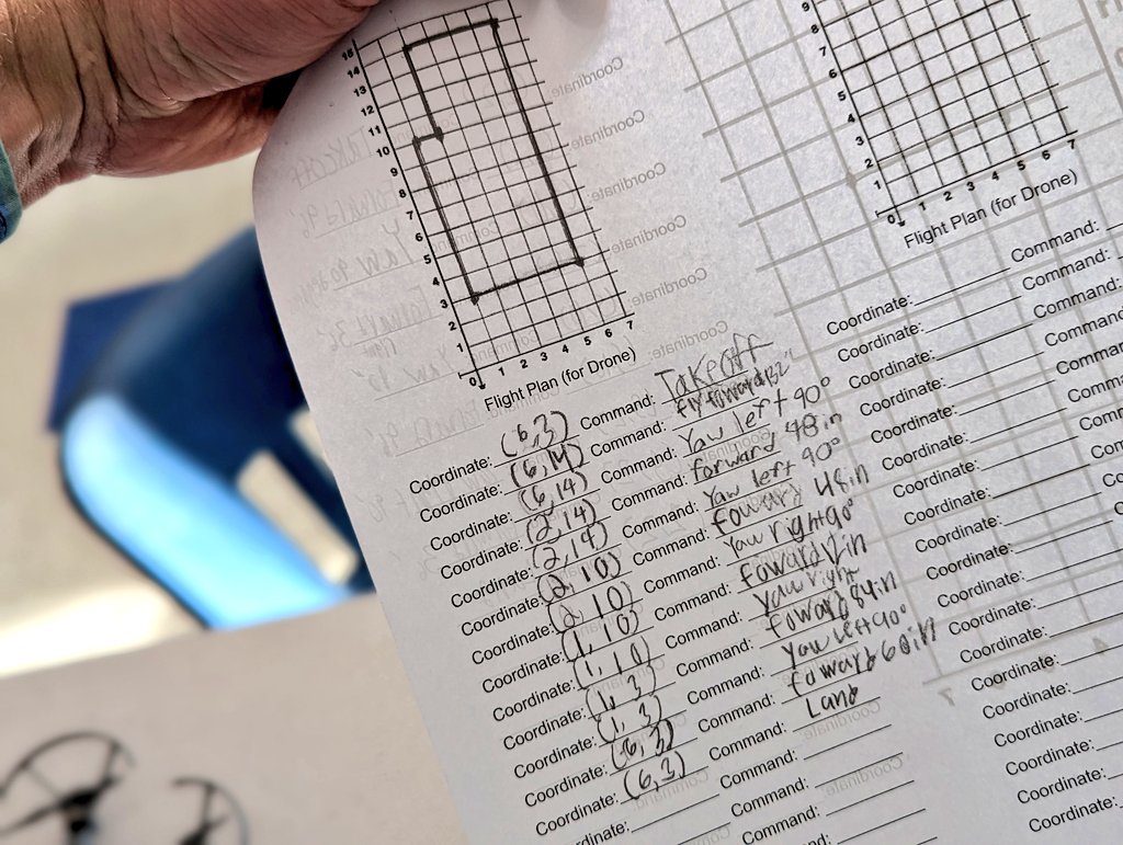 mrpiercEy's tweet image. We coded and flew some drones today in class.  Students plotted polygons on a coordinate grid and then figured out the code needed to fly along their perimeter.