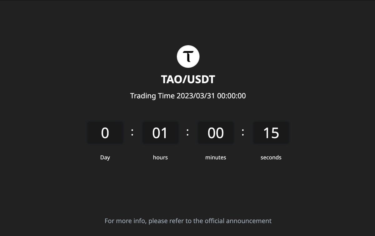 bitget's tweet photo. #Bitget Spot New Listing
Countdown in 1 hour! 
Ready to share $20,000 $TAO prize pool rewards? #BittensorxBitget #TAOxBitget

✅ Follow the steps to learn how - https://t.co/XMPXjuCllz

Starting March 30th, 10 PM (UTC)
Set your alarms and get ready!  @bittensor_ https://t.co/LO9yD17dqe