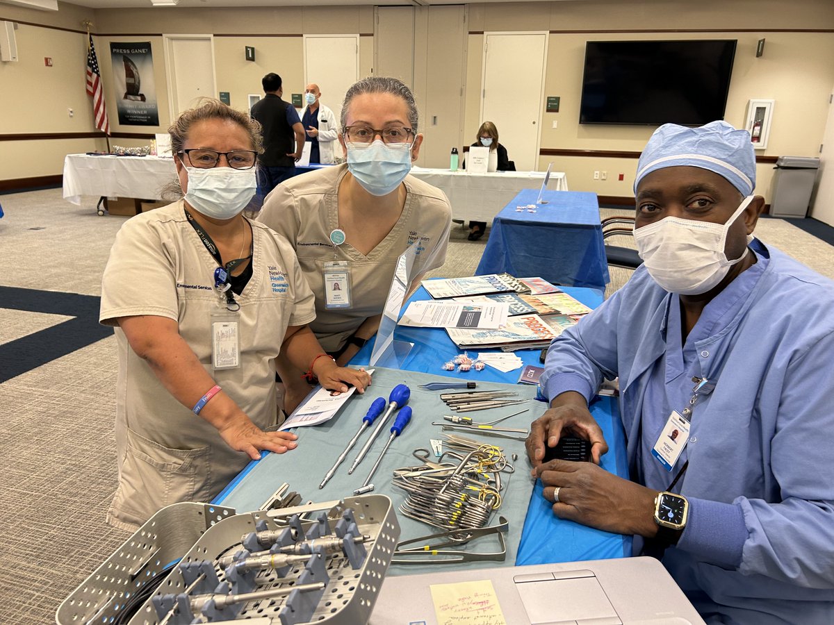 GreenHosp's tweet photo. Herbert Facey, manager, Sterile Processing Department, met with Veronica Linares-Torres and Mary Nieves (center) from Environmental Services, who were among the Greenwich Hospital employees at the Pathways to Career Exploration event in the Noble Conference Center. https://t.co/LIXcMkT1R3