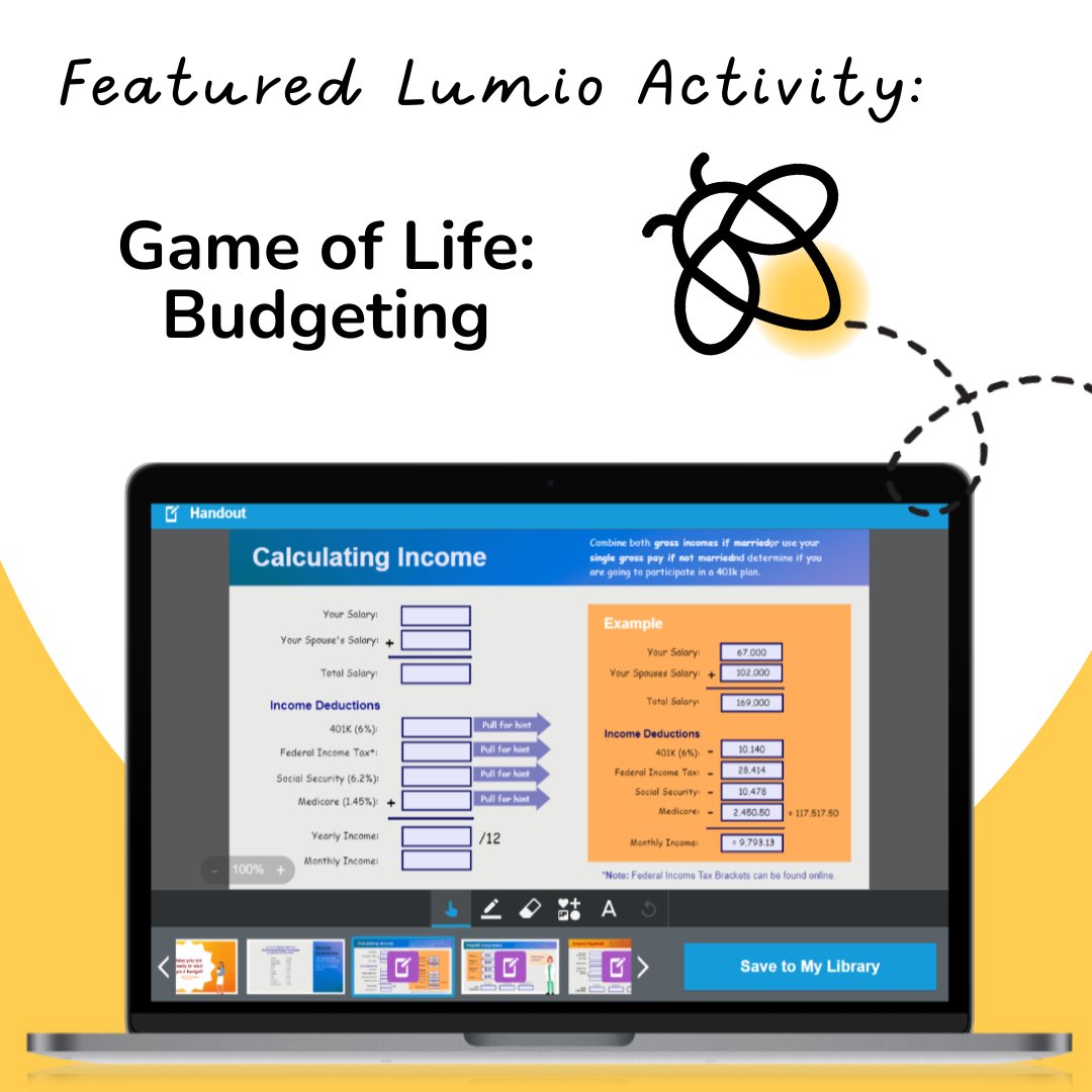 LumioSocial's tweet image. Hands up if you love The Game of Life board game ✋🏻

Use this FREE interactive Lumio activity to have Grade 9 to 12 students develop and modify a realistic budget while roleplaying their own &quot;Game of Life&quot;. 

✔️Get the activity:bit.ly/3ZjQBVF

#GoLumio #GameBasedlearning