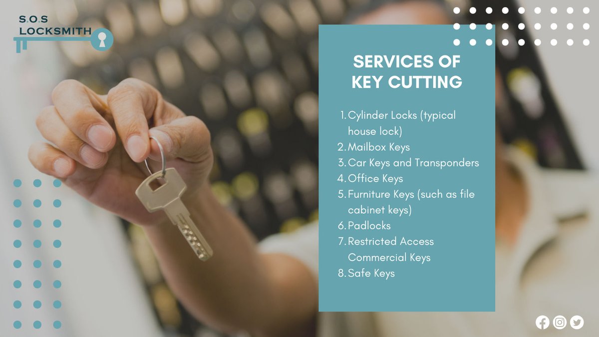 soslocksmithpro's tweet image. Check out our services for key cutting. Have you had any trouble with any that is listed down below, call us and we'll be in front of your doorstep in no time. 

#SOSlocksmith #locksmithinlondonontario #locksmithservice #keycutting #londonontariolocksmith #locksmithingontario