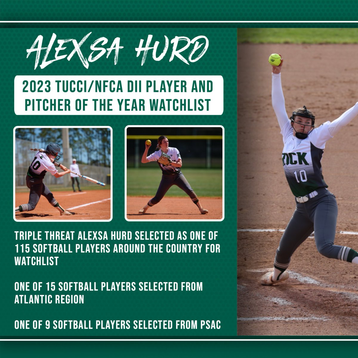 🌟 ALEXSA HURD 🌟

Announced Thursday afternoon, Sophomore Alexsa Hurd was named to the 2023 NFCA Division II Player of the Year Watchlist! 

The POY award was created to honor outstanding athletic achievements among softball student-athletes throughout Division II. Congrats Lex!