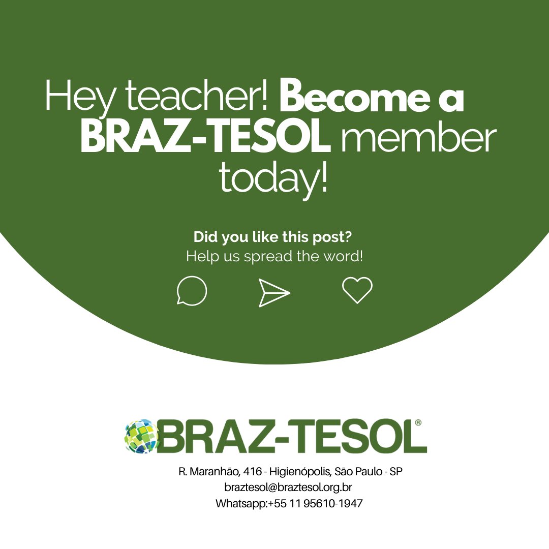 braztesol's tweet photo. Join the largest association for English teachers in Brazil and enjoy our benefits!

💻 Our 19th International Conference is coming! Register today!

#tesol #tesolteacher #iatefl #englishteacher #teachingenglish #englishteachers #braztesol https://t.co/iQB5s7iqxc