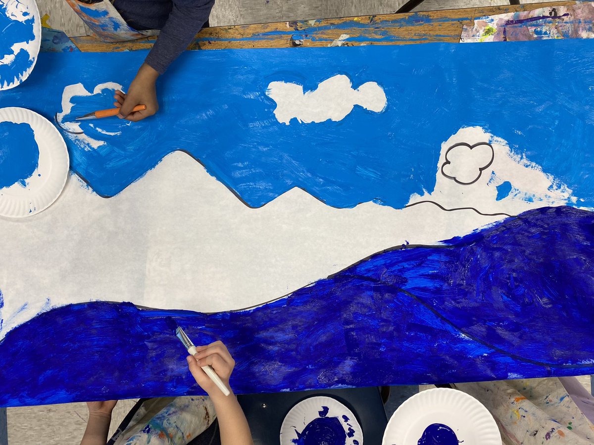 This week 1st Grade started a collaborative banner with painted landscapes.