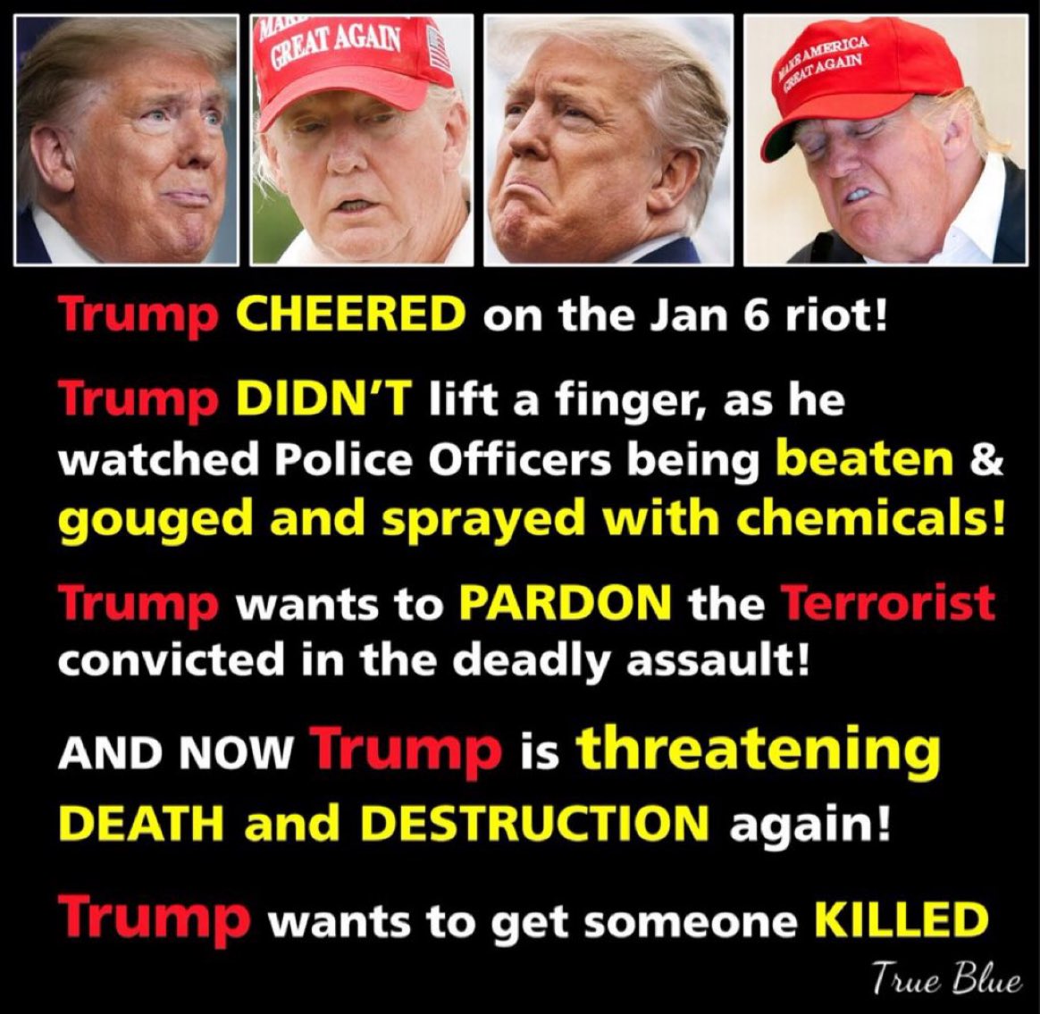 🇺🇲 @TheJusticeDept

There’s plenty of EVIDENCE showing how much Trump RELISHES VIOLENCE carried out on HIS BEHALF!

Donald Trump has a HISTORY of INCITING VIOLENCE!

#TrumpIsATerrorist 
#IndictArrestAndConvictTrump