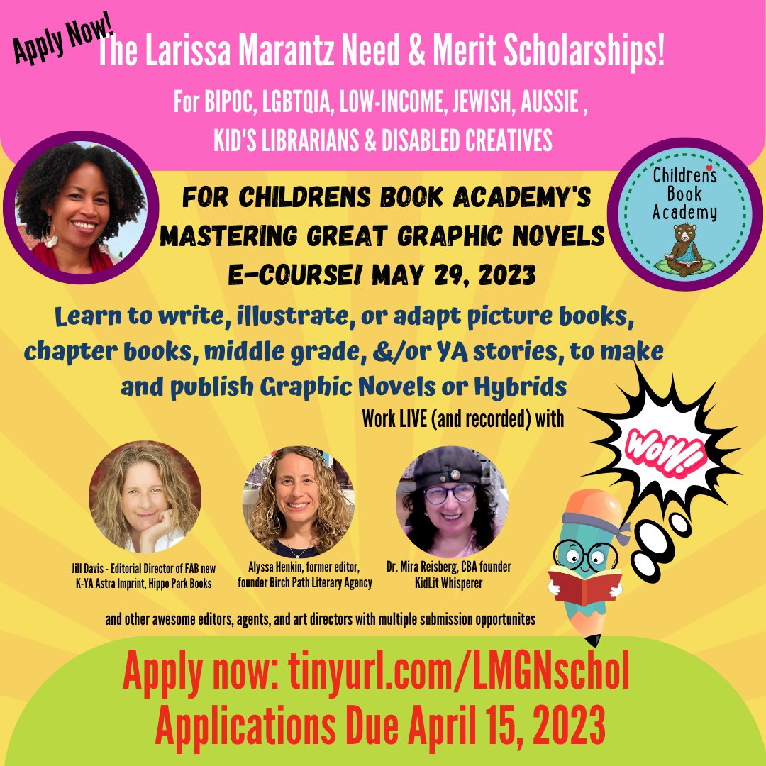 ChildrensBookAc's tweet image. We’re granting ten Larissa Marantz Need and Merit Scholarships for Mastering Great Graphic Novels interactive e-course beginning May 29, 2023! Apps due April 15! tinyurl.com/LMGNschol
#MGGN #CBA