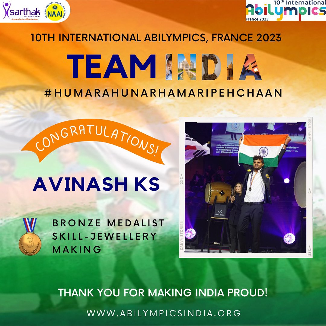 SarthakEducati2's tweet photo. Let's hear it for Avinash KS, who has won the bronze medal in the Jewellery category at the 10th International Abilympics! Your talent and dedication have brought glory to Team India. Congratulations!

Visit https://t.co/MDD3L9R1ci 

#HumaraHunarHumariPehchaan https://t.co/8KuiVLwvms