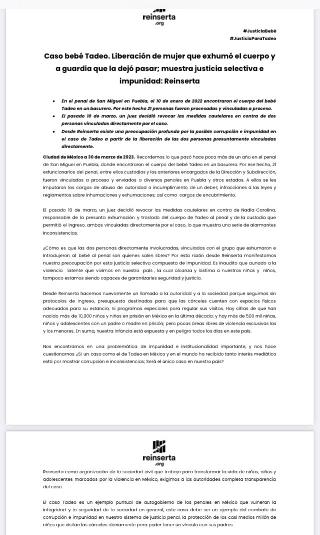 aaronmartinezjm's tweet image. #Urgente Denuncia la organización no gubernamental #Reinserta la liberación de dos mujeres acusadas por la exhumación e ingreso del cuerpo del bebé Tadeo al penal de San Miguel en Puebla en 2022. Enfatiza que el actuar del juez en este caso muestra justicia selectiva e impunidad.