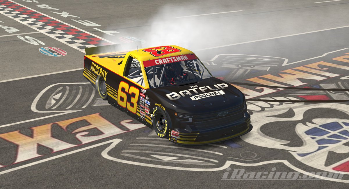 CRMSimRacing's tweet photo. BACK TO BACK? Who would've thought?  We're getting hot at the right time in @iRacing Road to Pro.  The @BatFlipPodcast @thejuiceboxpod Silverado nabs another trophy.  Couldn't do it without Rudy on the box @DLeindrive https://t.co/aFPzXxsaaT