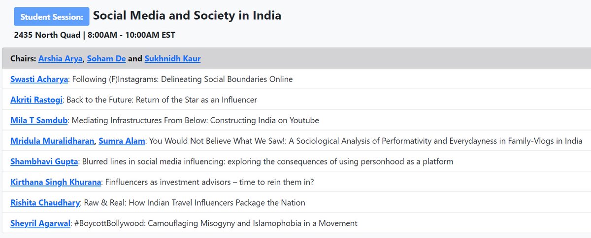 joyopal's tweet photo. Swasti Acharya @AshokaUniv on financial influencers, @bulletprooflama from @YaleLawSch  on mediating social media influencers, Akriti Rastogi from @JNU_official_50 on star influencers  and @mridula_97 and Sumra Alam from @JNU_official_50 on family vlogs https://t.co/DHQIG5hXRS