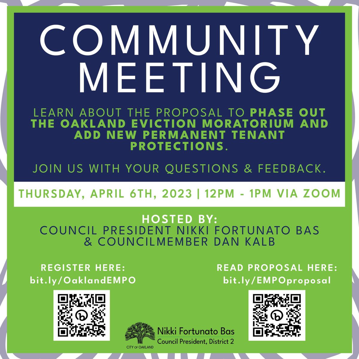 Join our community meeting April 6 on phasing out <a href="/Oakland/">City of Oakland</a> #EvictionMoratorium &amp; adding tenant protections. 

The legislation will be heard at CED comte 4/11 4pm. 

Legislation: bit.ly/EMPOproposal
Mtg registration: bit.ly/OaklandEMPO

#OakMtg
#PeoplePoweredGovernment