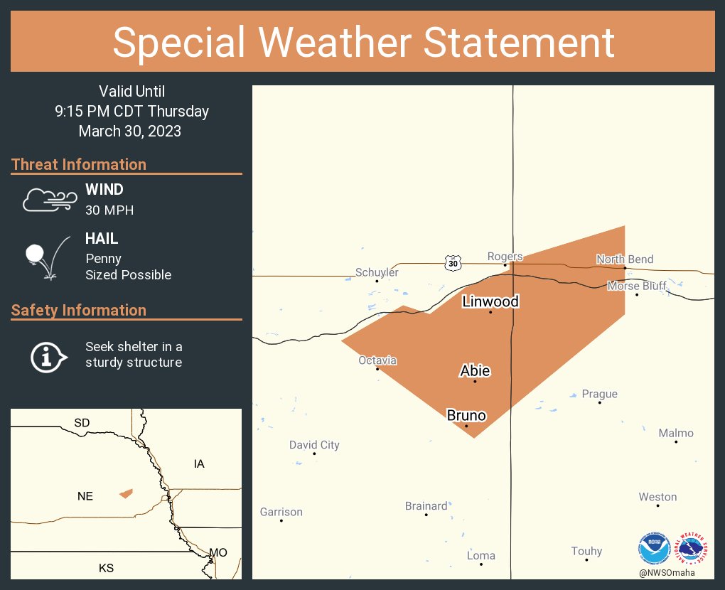 A special weather statement has been issued for Bruno NE, Linwood NE and  Abie NE until 9:15 PM CDT