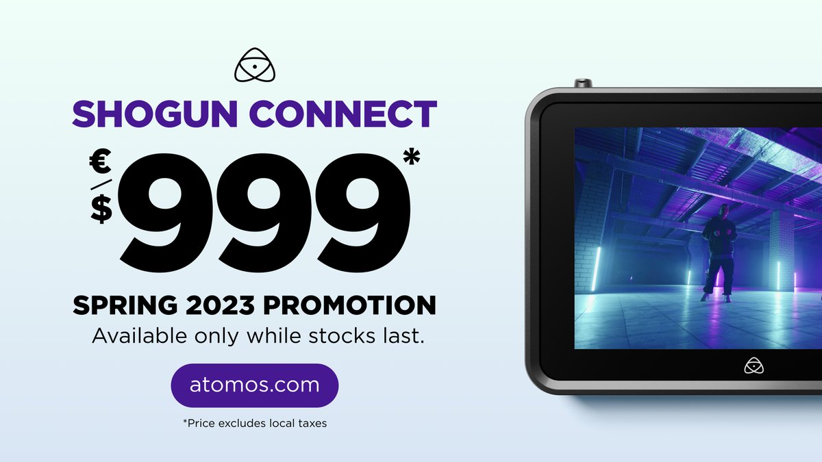 AtomosGlobal's tweet photo. Add Shogun CONNECT to your kit bag for just $/€999 (excluding local taxes)! Available for a limited time only while promotional stocks last.
Buy from a local reseller now: https://t.co/yT3Tjl6uvA
#ShogunCONNECT #Shogun #BestShogunEver #RAW #HDR #8K #CONNECT #Atomos #ACS https://t.co/jLEi3FuBCD
