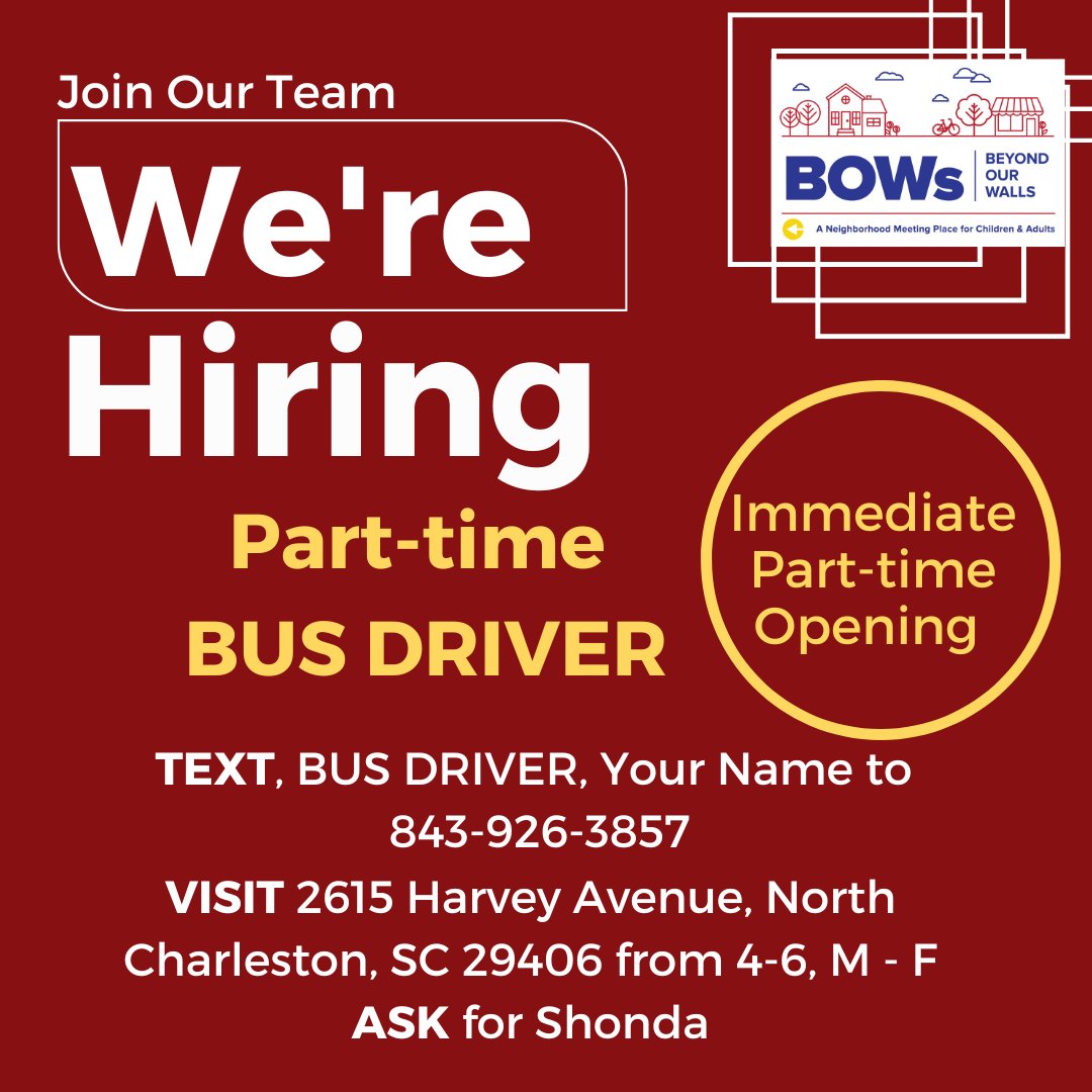 Know of someone loving, kind, and who loves children?  We are #hiring with an immediate need.  Please share, tag, and comment for applicants.
TEXT, Bus Driver, Your Name to 843-926-3857.
#BeyondOurWalls #wearehiring #wearehiringnow #nonprofit #charlestonsc #charleston #employees