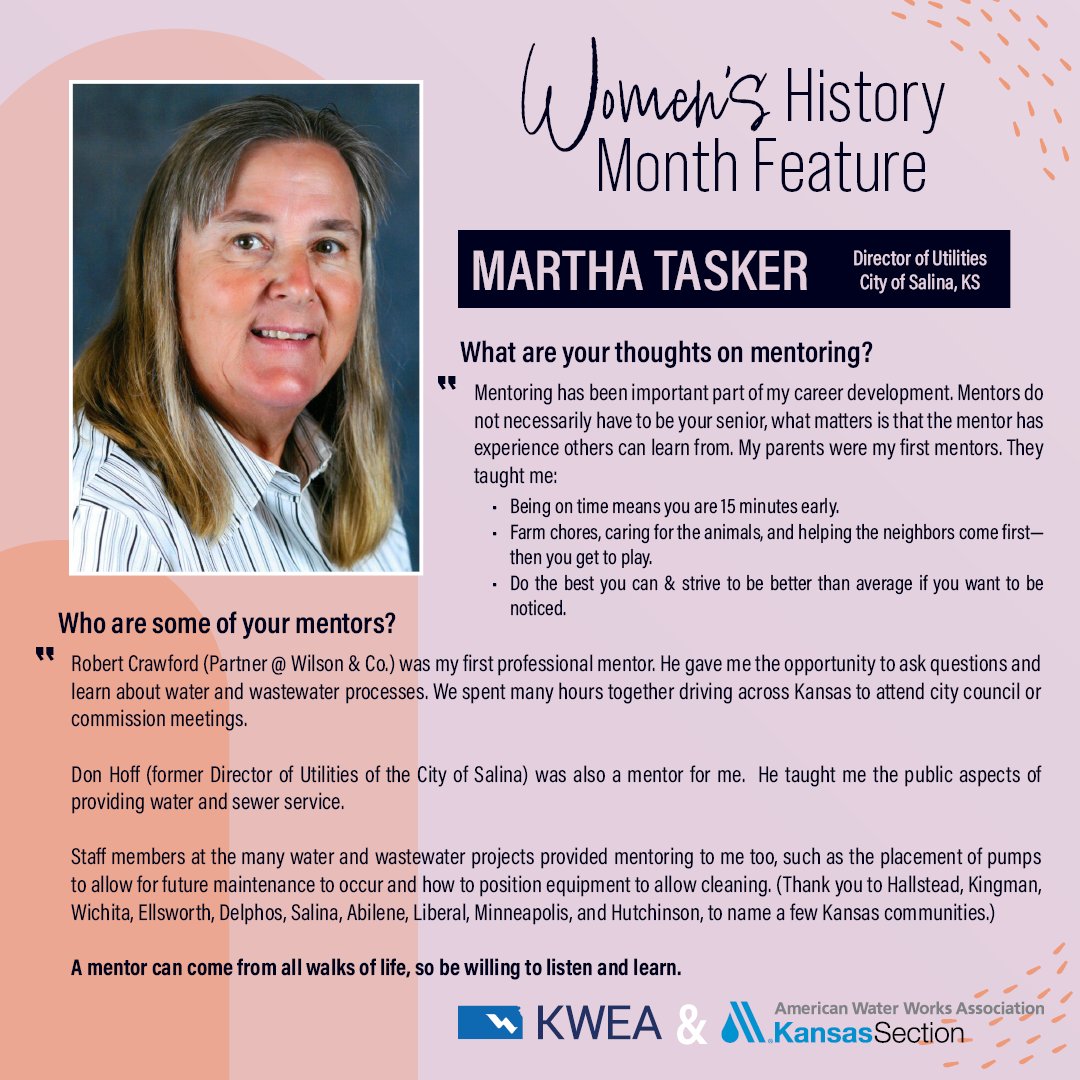 As we close out Women's History Month, we would like to highlight KWEA member Martha Tasker, director of utilities for the City of Salina.

#memberspotlight #wastewatertreatment #kansaswater #WomensHistoryMonth