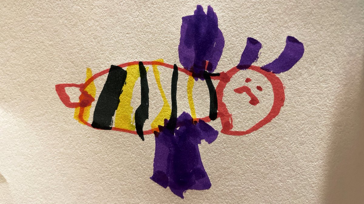 teecer's tweet image. My 5yo usually shows me a drawing and it takes me a few guesses to figure out what it is, so I was quite impressed with this! Accompanied by an explanation about how bees fly vs. airplanes. #PreKMom