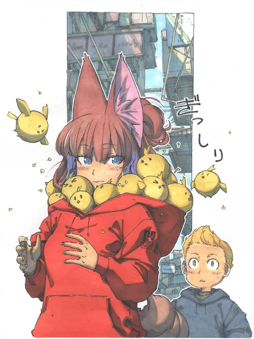 【アナログ1940:フードで暖をとる玉鳥】重くなっても追い出せない。#水彩 #狐娘 #アナログ絵 