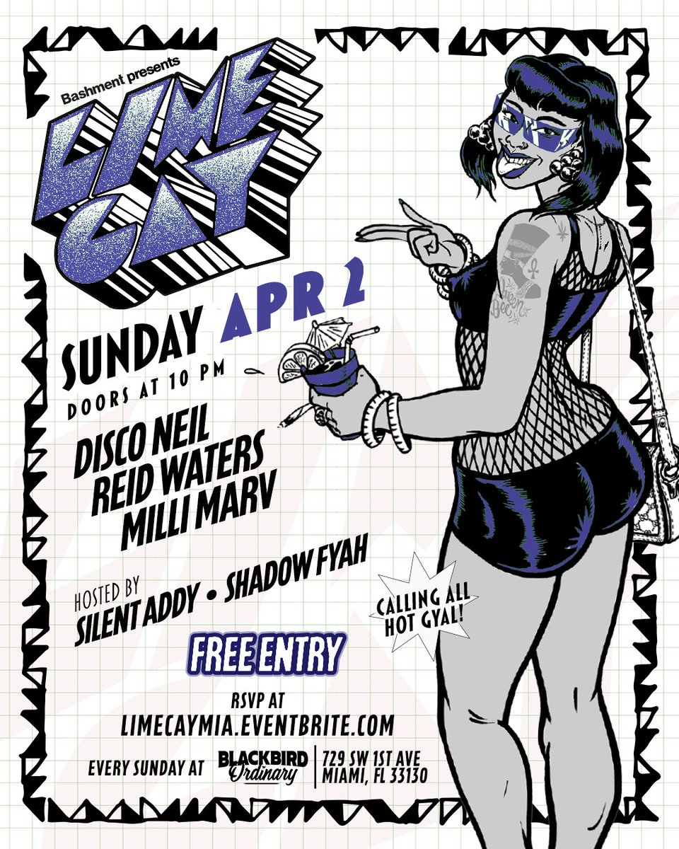 bashment_tv's tweet photo. Escape to the Caribbean this Sunday at Lime Cay, the hottest event in Miami! Don't miss the island vibes! Dance to the rhythm of soca, reggae, and dancehall at Blackbird Ordinary. Free entry all night. Doors open at 10 pm. #limecaymia #bashment https://t.co/TVU83PW7F7