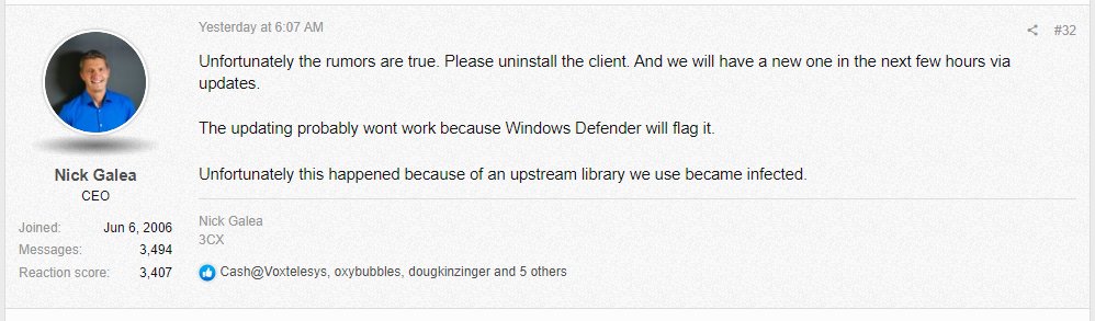 vxunderground's tweet photo. The 3CX CEO stated that the supply chain attack that occured wasn't their fault, rather it was the result of an upstream vendor being compromised, suggesting FFmpeg, because this is where the malware payload resides

FFmpeg denies this because they don't release compiled binaries https://t.co/0FNErYq1GQ