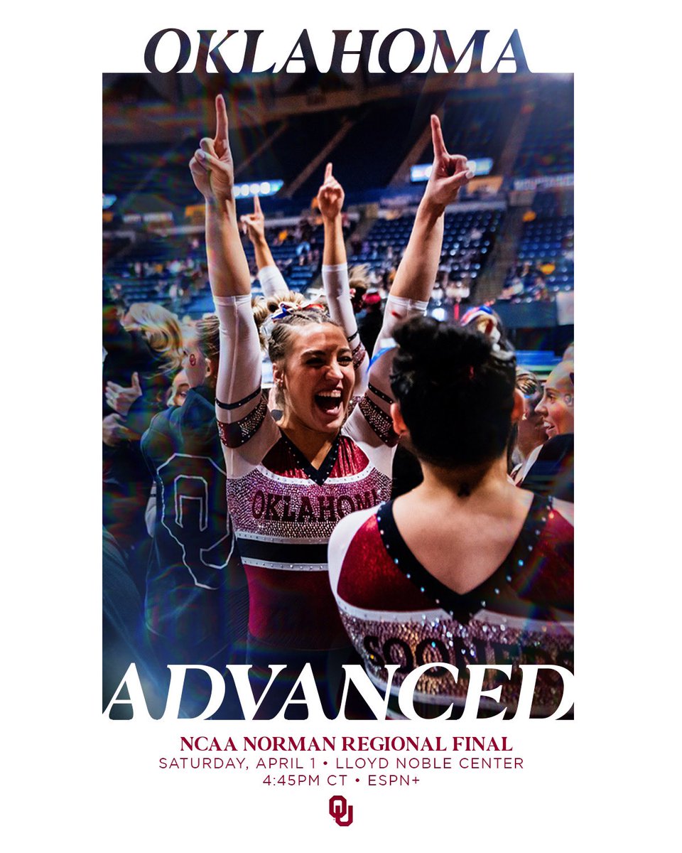 OU_WGymnastics's tweet photo. MOVING ON!! 💪

No. 1 Oklahoma joins No. 8 Alabama, No. 9 Kentucky and No. 16 Ohio State in the NCAA Norman Regional Final on Saturday. 

#BoomerSooner https://t.co/m1KFZzJyLL