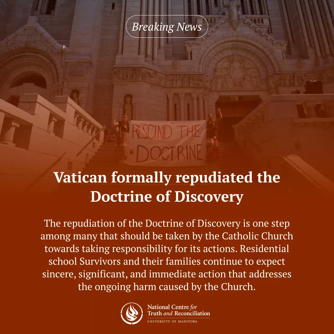 NCTR_UM's tweet image. The National Centre for Truth and Reconciliation is encouraged by the Vatican’s formal repudiation of the Doctrine of Discovery and its support for the U.N. Declaration on the Rights of Indigenous Peoples.

To read more, please visit: buff.ly/3M57qAJ