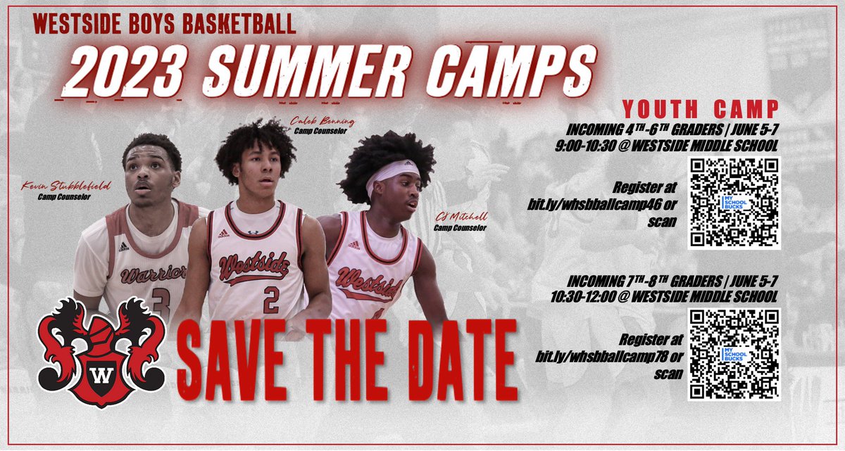 ⚫️Summer Youth Camp Information 🔴

Improve your skills and have fun with the Warriors this summer!

Dates, times, sign up links all below ⬇️