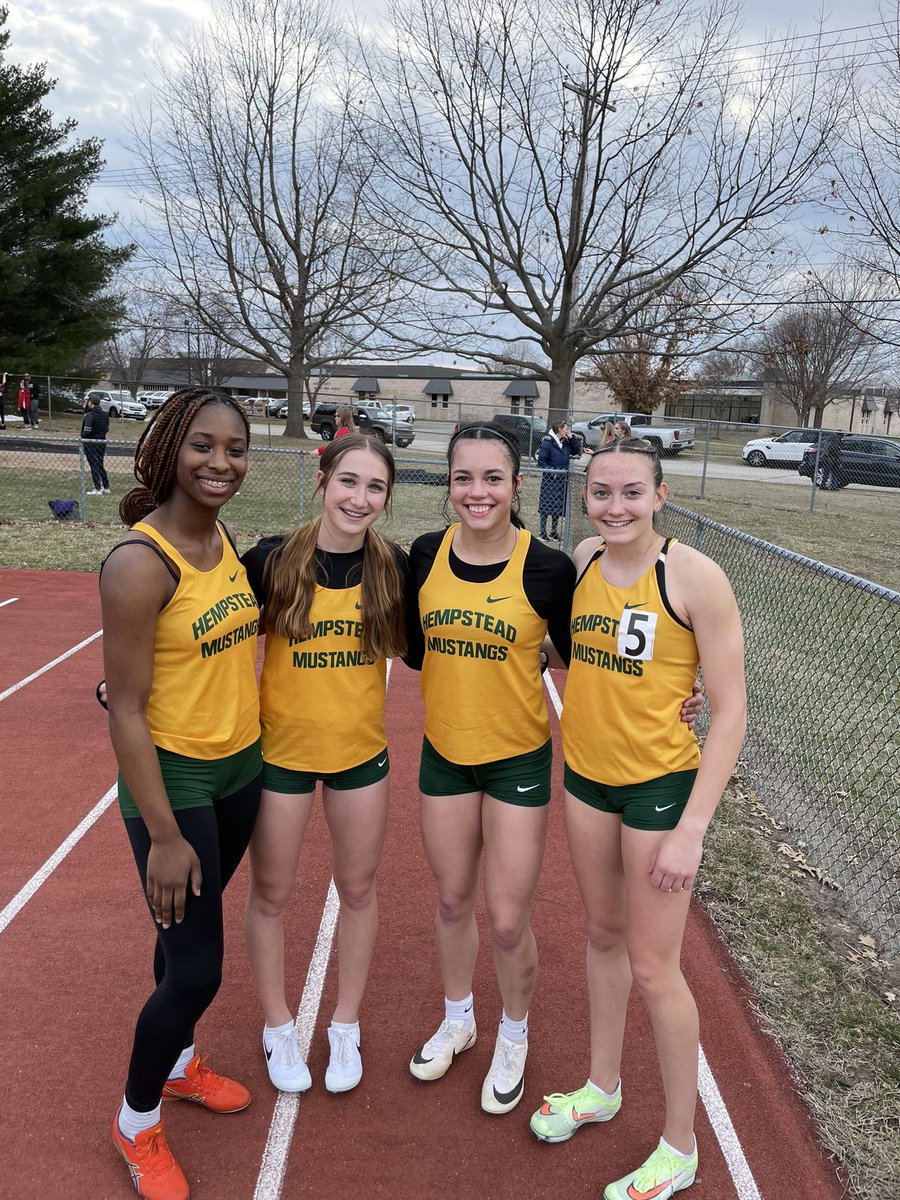 HHSLadyStangsTF's tweet photo. 🚨 School Record Alert 🚨 
Sprint Medley Relay of Akeelah Anderson Mallory Tomkins Ayla Osterkamp and Keelee Leitzen set a new school record going 1:50.58 and finish 1st.
💚🐴🥇💛 @THsportsfeed https://t.co/lbPb478hWC