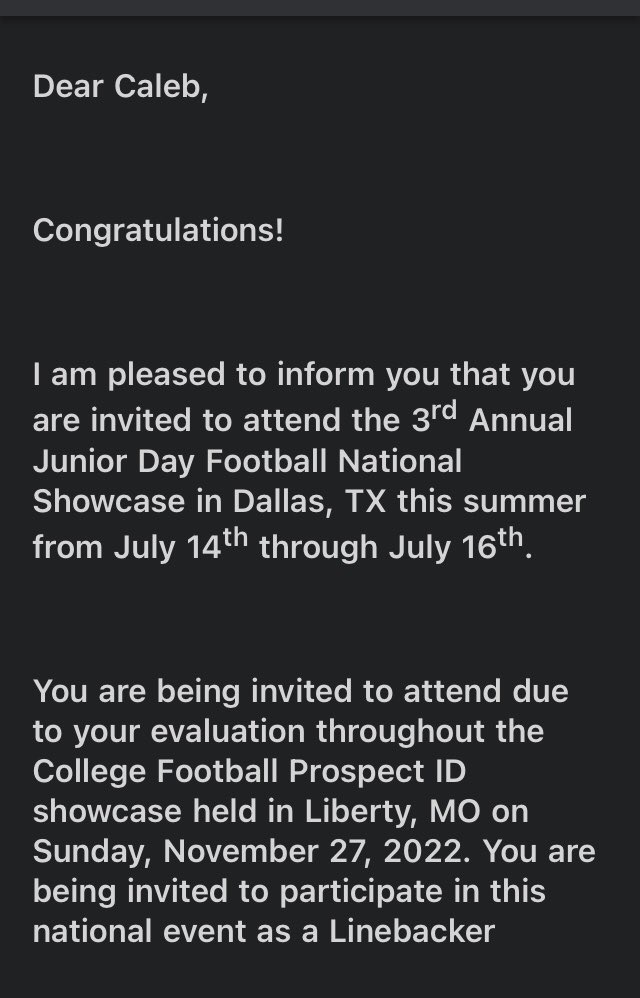 All the hard work is paying off 😤, thank you Jared Williams,  National Director, for the personal invitation to the Football National Showcase  in Dallas, Texas. #Classof2024 #football #hardworkpaysoff