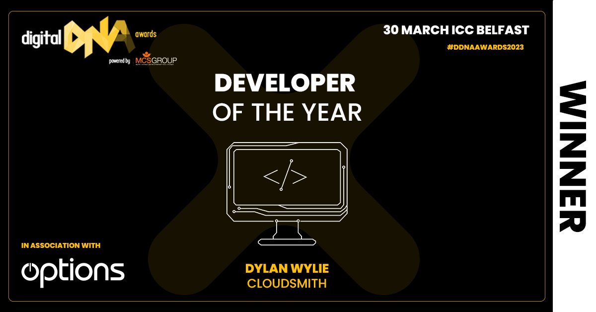 DigitalDNAHQ's tweet image. The Winner of the Developer of the Year Award is Dylan Wylie from @cloudsmith, Congratulations! 

In association with @options_it 

#DDNAAWARDS2023 #digitaldnaawards2023