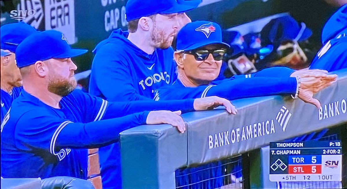 LeatherChair82's tweet photo. @stevecovino Loving the pitch clock almost as much as seeing Donnie Baseball on our bench #BlueJays https://t.co/2ElJgaiPEn