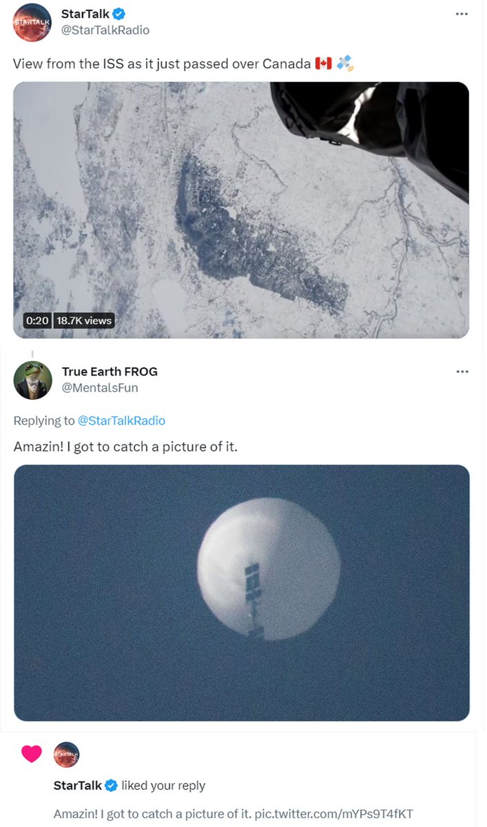 MentalsFun's tweet photo. 😂🤣😂 #StarTalkRadio liked my reply mocking the #ISS.
Did they just confirm the ISS is a high-altitude balloon? lol
#TrueEarth #FlatEarth https://t.co/l487uv0elA