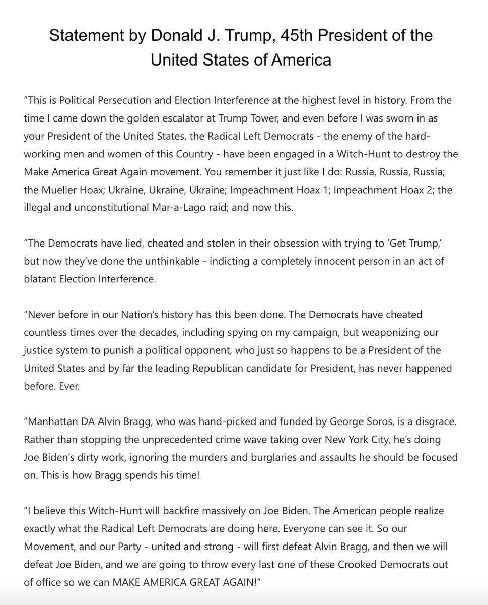 Donald Trump's full statement following the indictment can be read below: